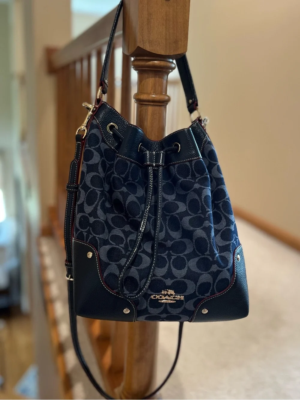 Coach Mickie Drawstring Shoulder Bucket Bag Signature Denim/Midnight F37224 NWOT